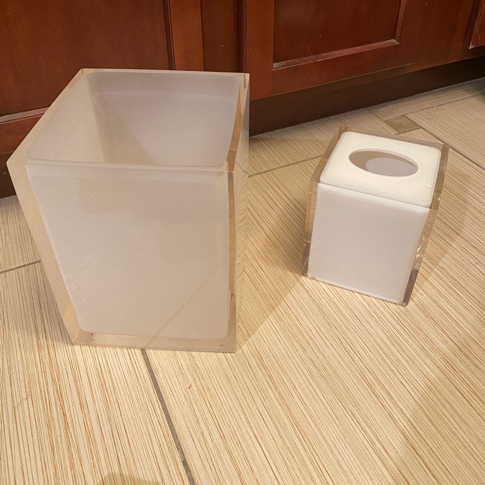 Jonathan Adler Frosted Lucite Trash Can and Tissue Cover Bath Set